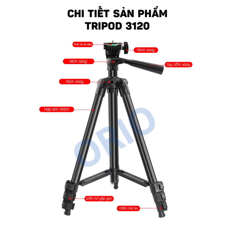 Giá đỡ điện thoại để bàn tripod 3120 ba chân có tay cầm tặng kèm đầu kẹp - ORIO