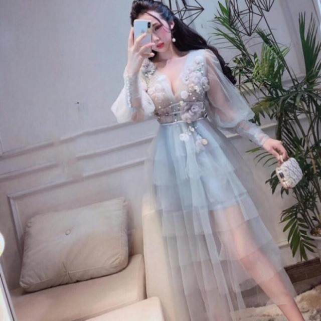Đầm dự tiệc xếp tầng tay dài kết hoa nổi và cườm ngọc -Size S/M/L/XL (có ảnh/video thật) MS27V