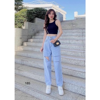 Baggy jeans 2 nút lưng cao rách 3line