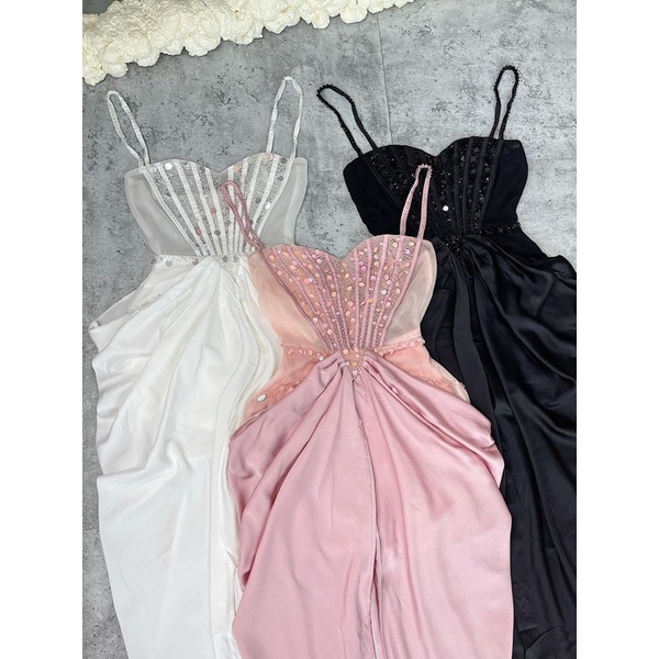 Đầm body lưới 2 dây phối phi thun lụa cao cấp sang trọng kết đá tráng gương tròn TRIPBLE T DRESS - size M/L - MS357V