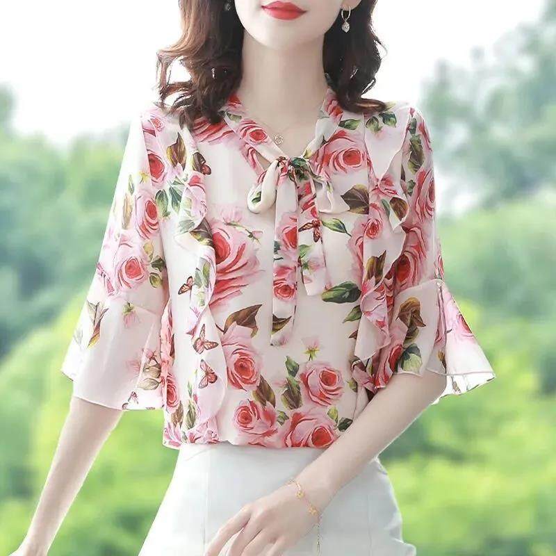 Áo Sơ Mi Chiffon Tay Lỡ 3 / 4 In Hoa Thời Trang Công Sở Cho Nữ