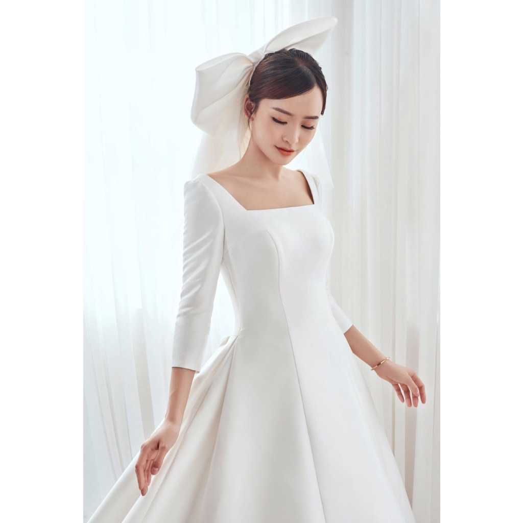 (RẺ VÔ ĐỊCH) Váy cưới cô dâu tay lỡ cổ vuông, váy suông A đi bàn, chào tiệc satin, form thắt dây tùy chỉnh.