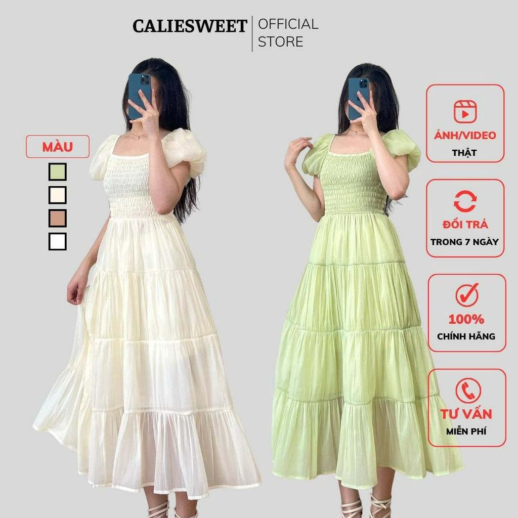 Váy maxi tay bồng Caliesweet váy maxi cổ vuông 2 lớp tôn dáng phong cách điệu đà