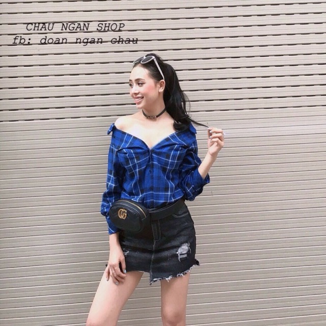 Áo kiểu sơmi bẹt vai kẻ caro siêu cá tính