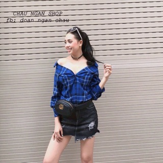 Áo sơ mi kẻ caro bẹt vai cá tính