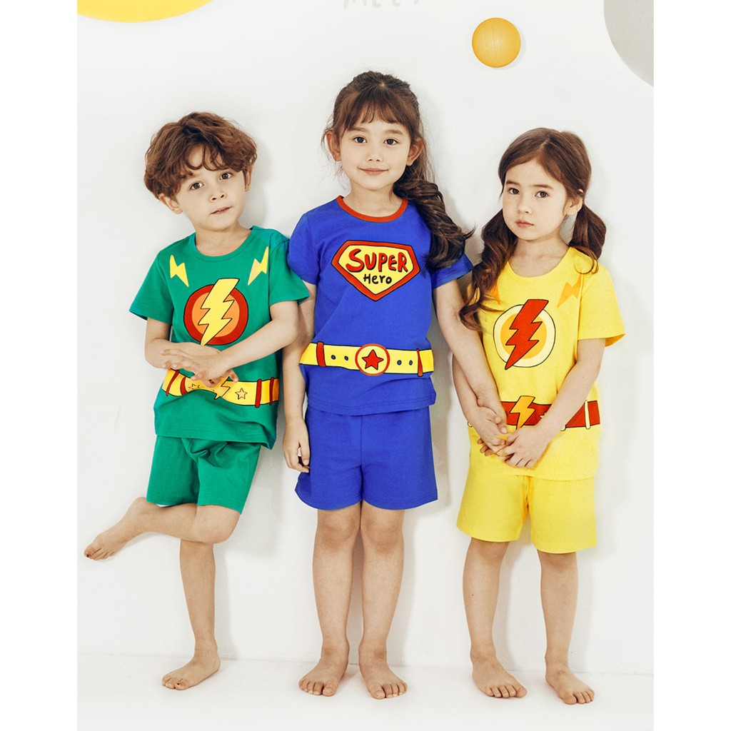 Bộ đồ bé gái/ bé trai Hàn Quốc uniFriend cộc tay _ Super hero blue