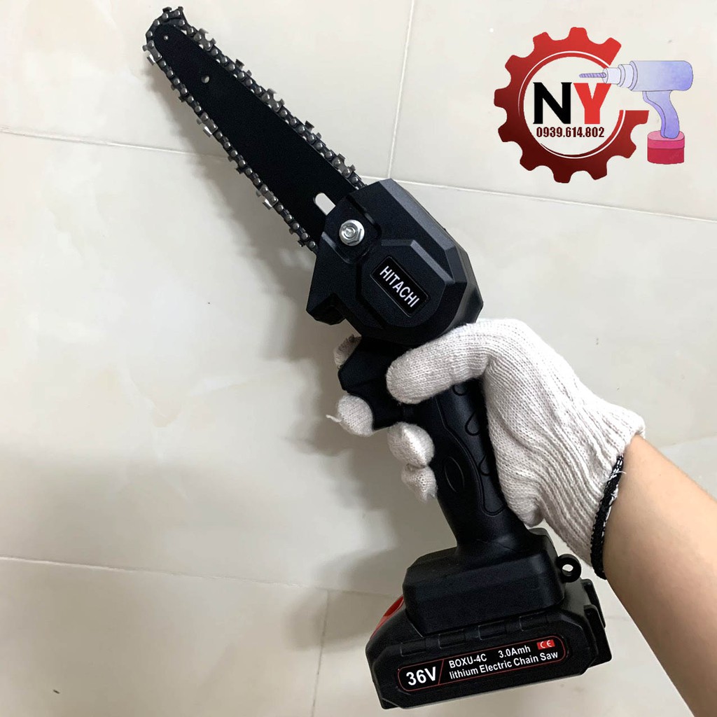 máy cưa xích dùng pin hitachi 36v 2 pin đầy đủ phụ kiện lưỡi dài 6inch