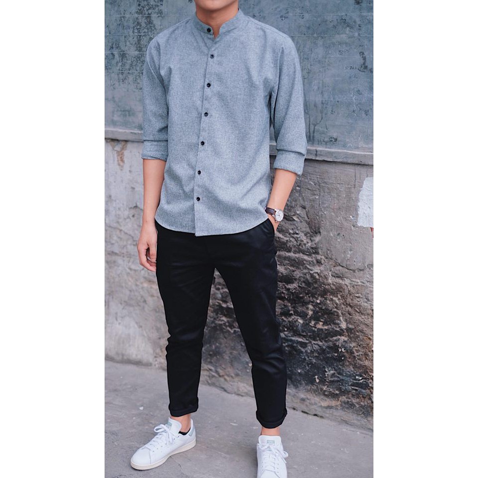 Áo Sơ Mi Nam Màu Xám Hạt Tiêu Phối Cổ Tàu Phong Cách | BigBuy360 - bigbuy360.vn
