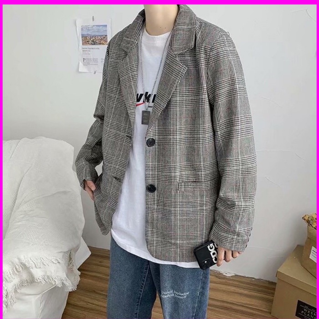 Áo blazer nam kẻ caro kiểu dáng thanh lịch  phong cách Hồng Kông 2021