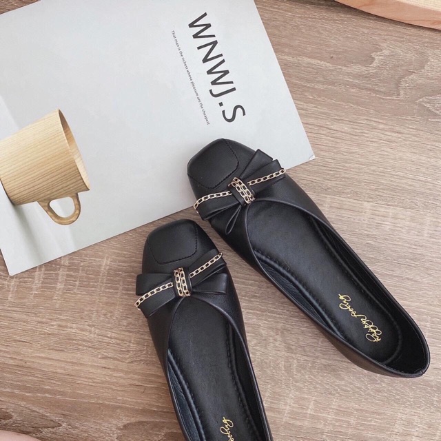 Giày nữ I Bệt da lì đế dẻo nơ phối xích cực xinh