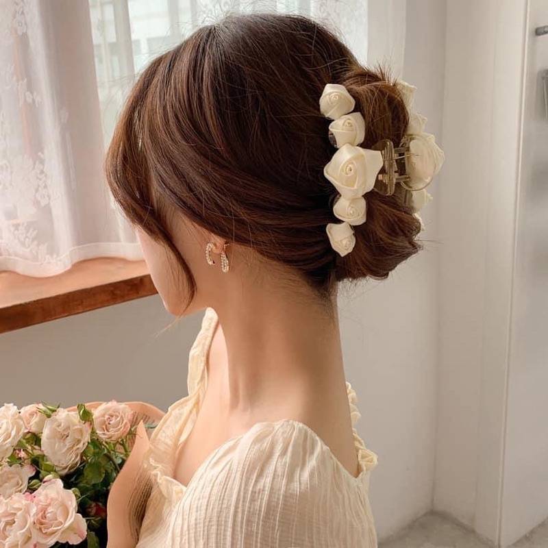 Kẹp tóc nữ hoa hồng vải trắng nhiều kiểu TÍM STORE phụ kiện búi tóc phong cách hàn quốc