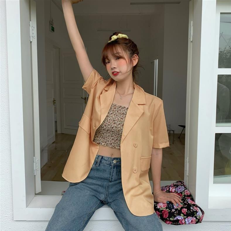 Áo blazer cộc tay túi nắp nữ áo vest khoác ngoài phong cách hàn quốc màu đen trắng xanh tím nâu 1 lớp AK3 nội y xanh | BigBuy360 - bigbuy360.vn