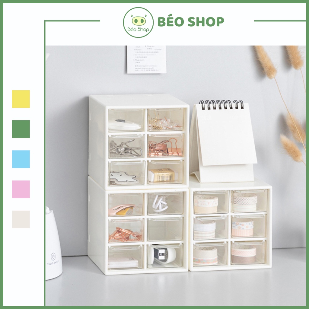 Hộp đựng trang sức 6 ngăn màu trắng Béo shop , tủ nhựa mini đựng đồ nhỏ xinh washi tape decor bàn học