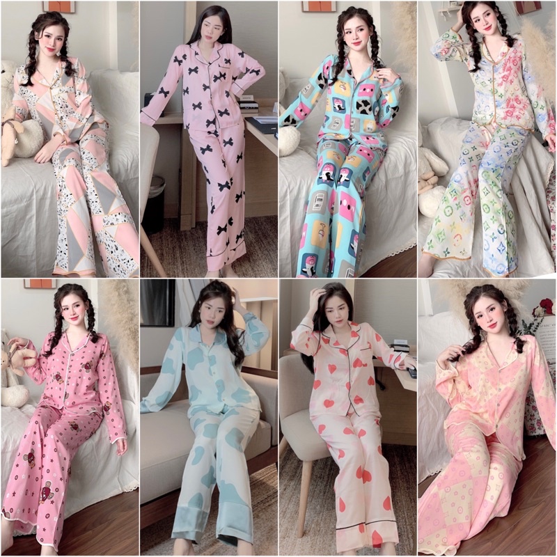 Đồ bộ nữ lụa ngủ pijama dài tay quần dài mặc nhà dễ thương JUSOKA DD47