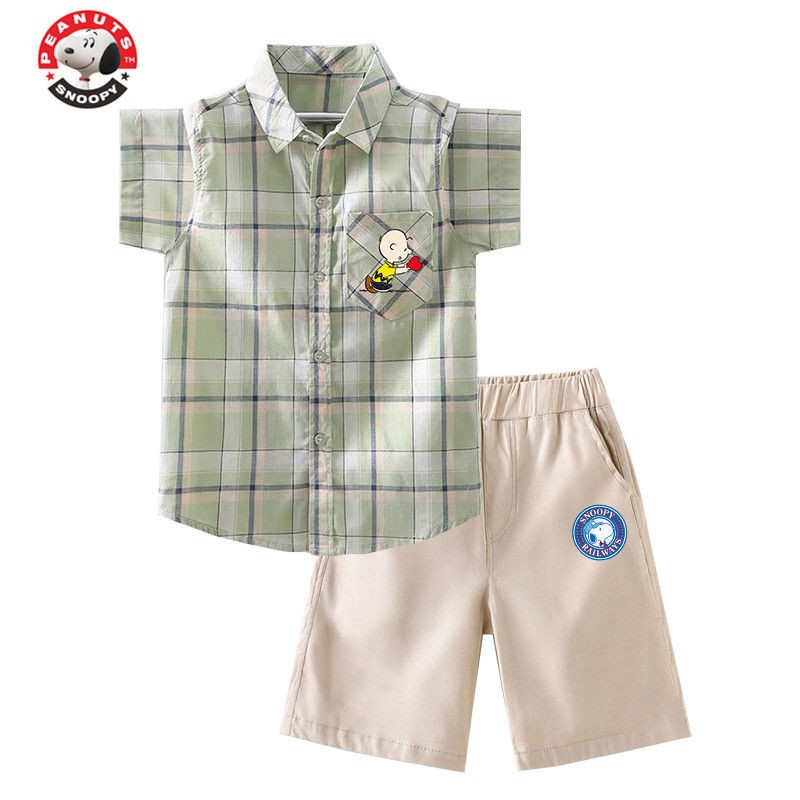 SNOOPY Snoopy Boys 2021 bộ đồ mới, bé trai cao lớn, áo sơ mi kẻ sọc đẹp trai và thời trang, bé trai hai mảnh