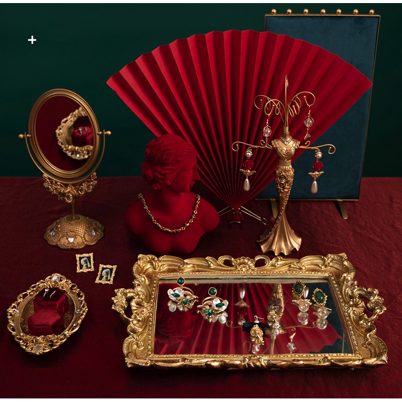 Khay gương chữ nhật mặt kính trang trí, chụp ảnh phong cách retro, cầm nặng tay (Sơn ánh nhũ vàng)