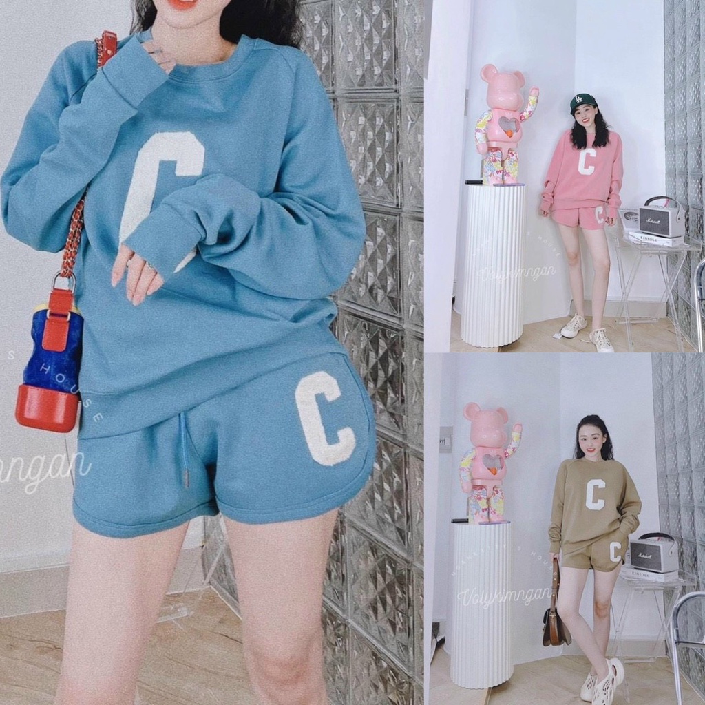 Sét bộ nỉ thun phối áo tay cổ tròn in chữ c dài kèm quần đùi ngắn chất liệu vải mềm,mịn,dày mẫu y hình