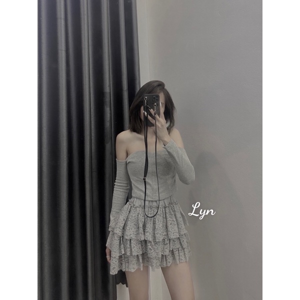 Set áo cotton trễ vai chân váy ren