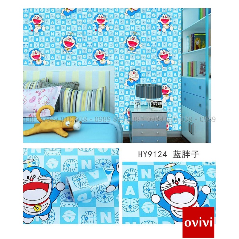 Giấy dán tường doremon hoạt hình phòng ngủ 10m có keo sẵn cho bé dày nhám giá rẻ Ovivi