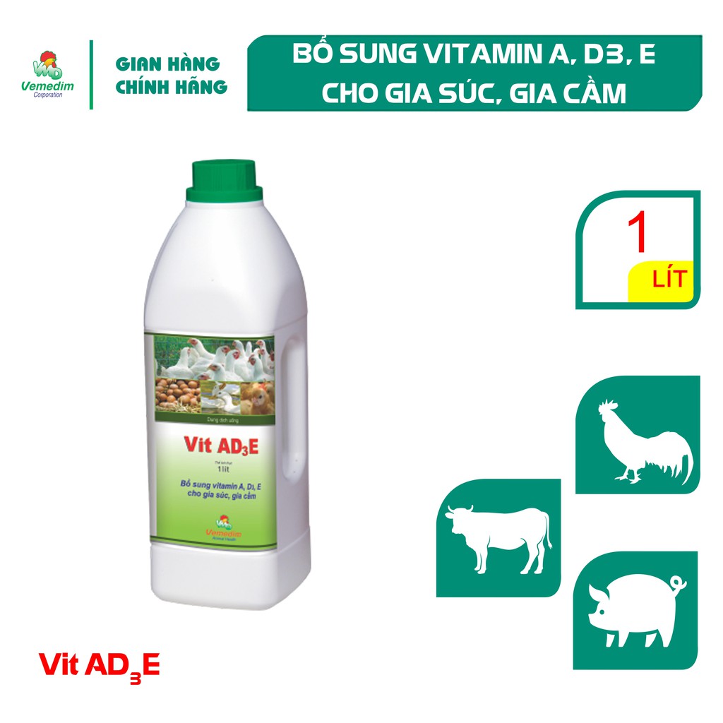 Vemedim Vit AD3E bổ sung vitamin A, D3, E tăng đề kháng cho gia súc, gia cầm, chai 1lit