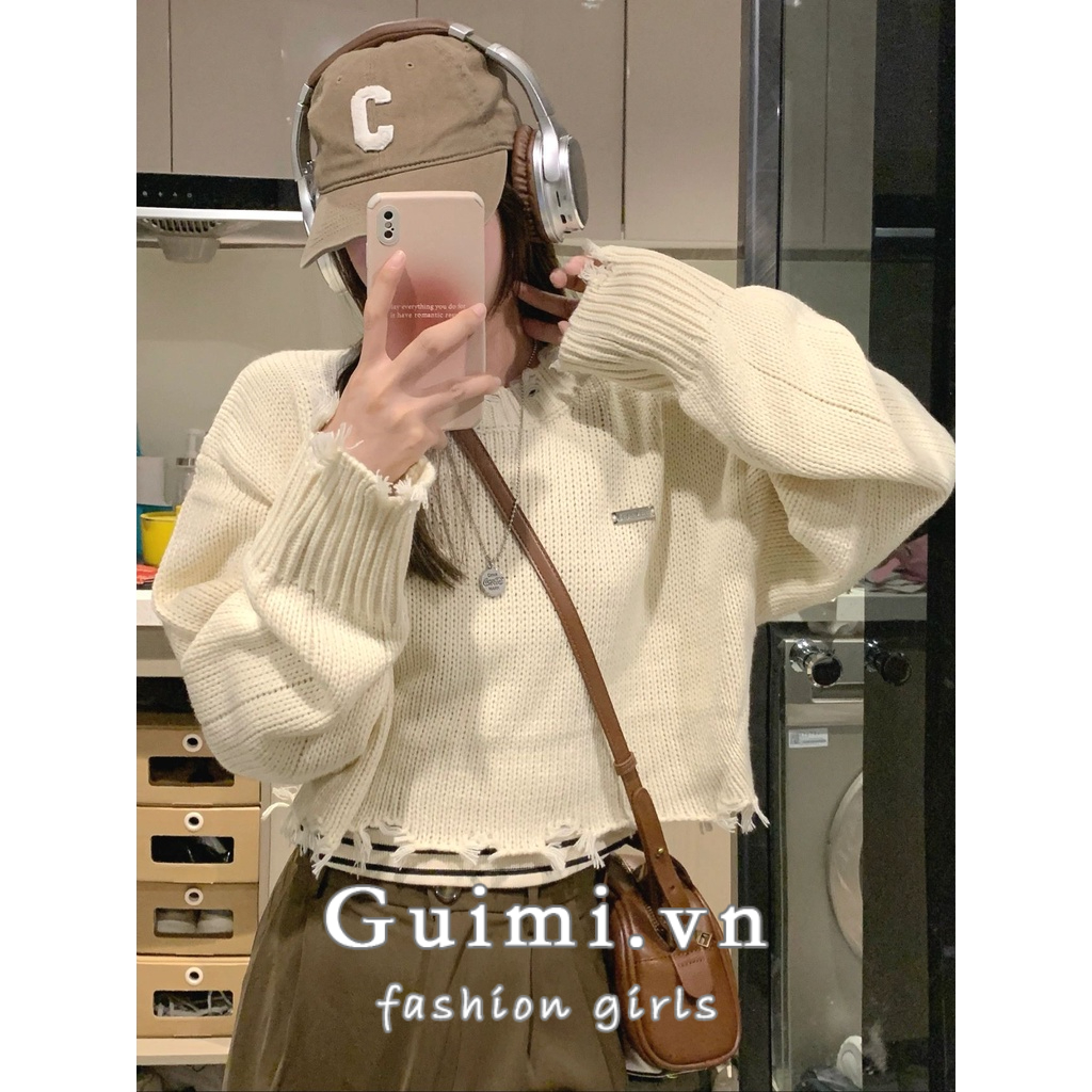 NZN Áo sweater dệt kim tay dài dáng rộng thiết kế rách thời trang cá tính cho nữ