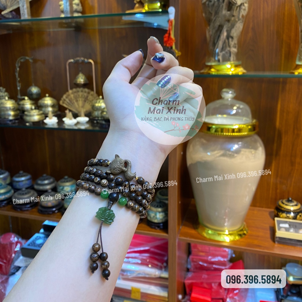 Chuỗi Trầm Hương Sánh Chìm 108 hạt phối Hồ Ly Sánh và Sen Ngo.c Bích - Vòng Tay Hoa Gỗ tự nhiên Nam Nữ phong thuỷ