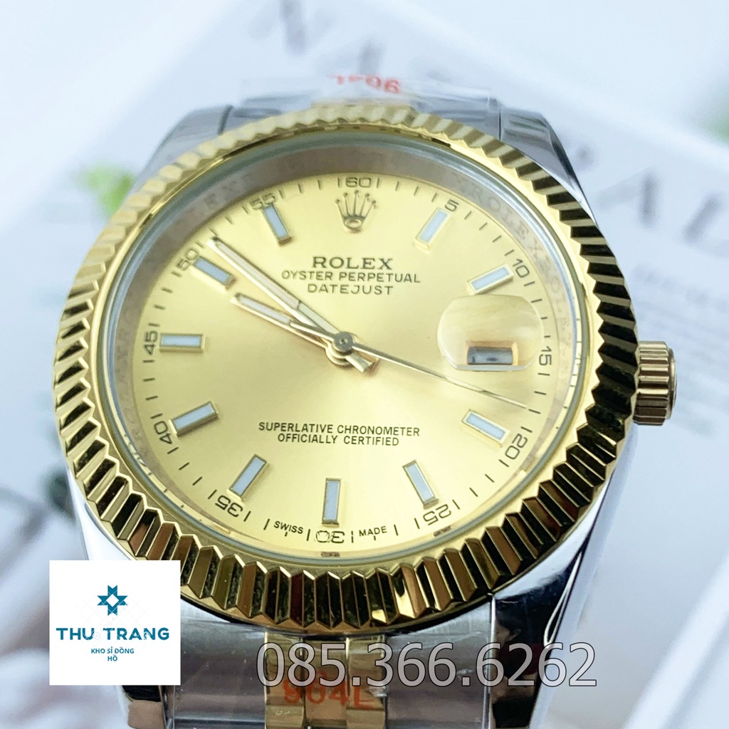 Đồng hồ Nam Rolex máy nhật, mẫu classic, mặt vàng viền vàng, dây kim loại, dòng cơ Automatic size 39mm-40mm