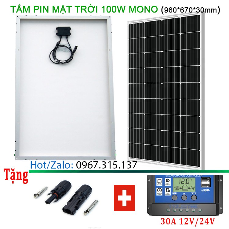 Tấm pin năng lượng mặt trời G-SOLAR Mono 100W tặng điều khiển sạc 30A + jack MC4