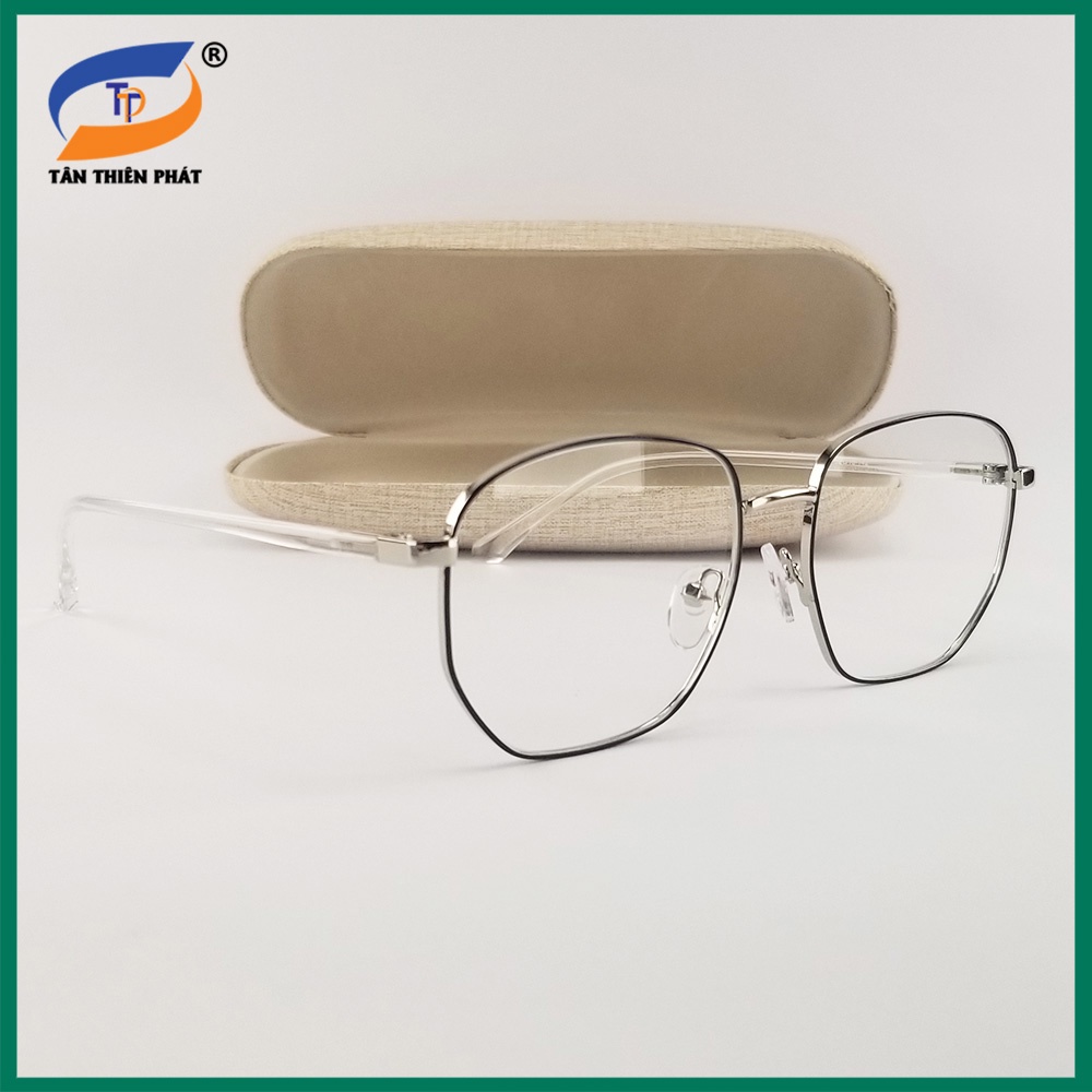 Gọng kính nam nữ mắt cận lục giác kim loại/nhựa 6619 màu đen, bạc. Tròng giả cận 0 độ chống ánh sáng xanh, tia UV