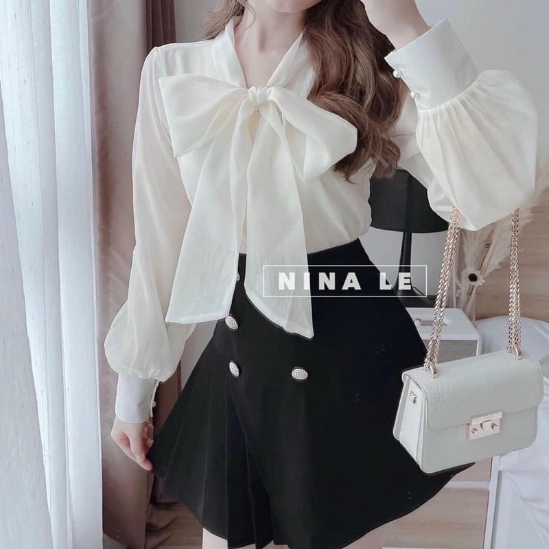 Áo sơ mi voan dài tay thắt nơ cúc ngọc - Áo sơ mi thiết kế sang chảnh hai màu trắng be