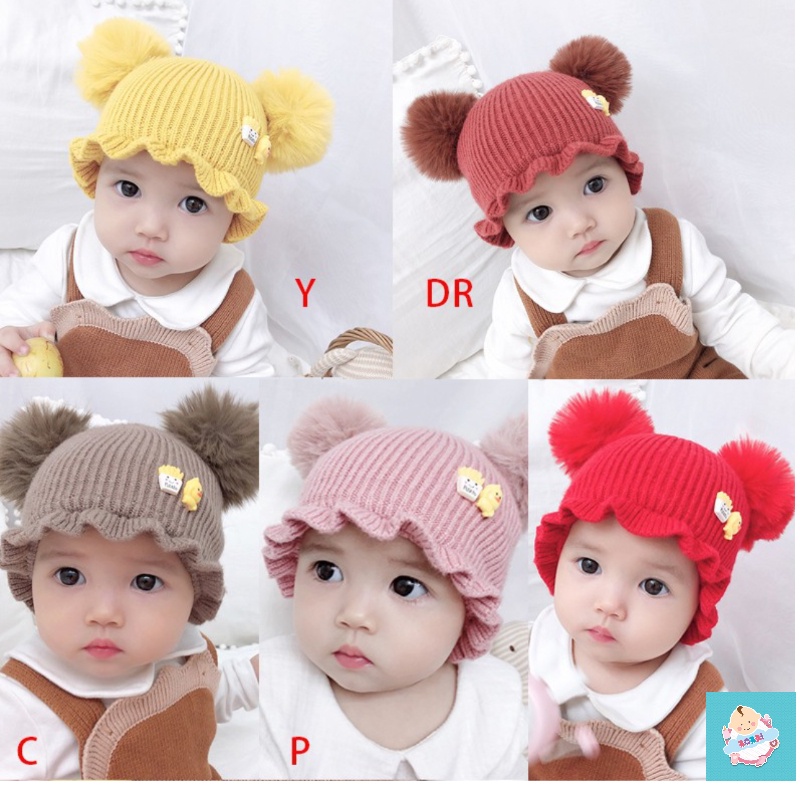 Mũ len trùm đầu phối banh lông đáng yêu dễ thương cho bé - BOBBI VN