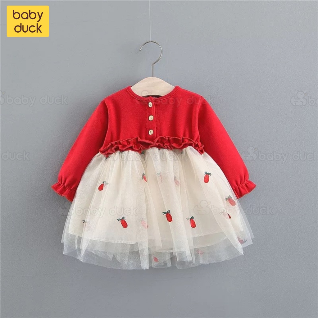 Váy ren xòe dài tay họa tiết dứa đỏ siêu đẹp cho bé gái 0-3 tuổi mặc mùa thu đông