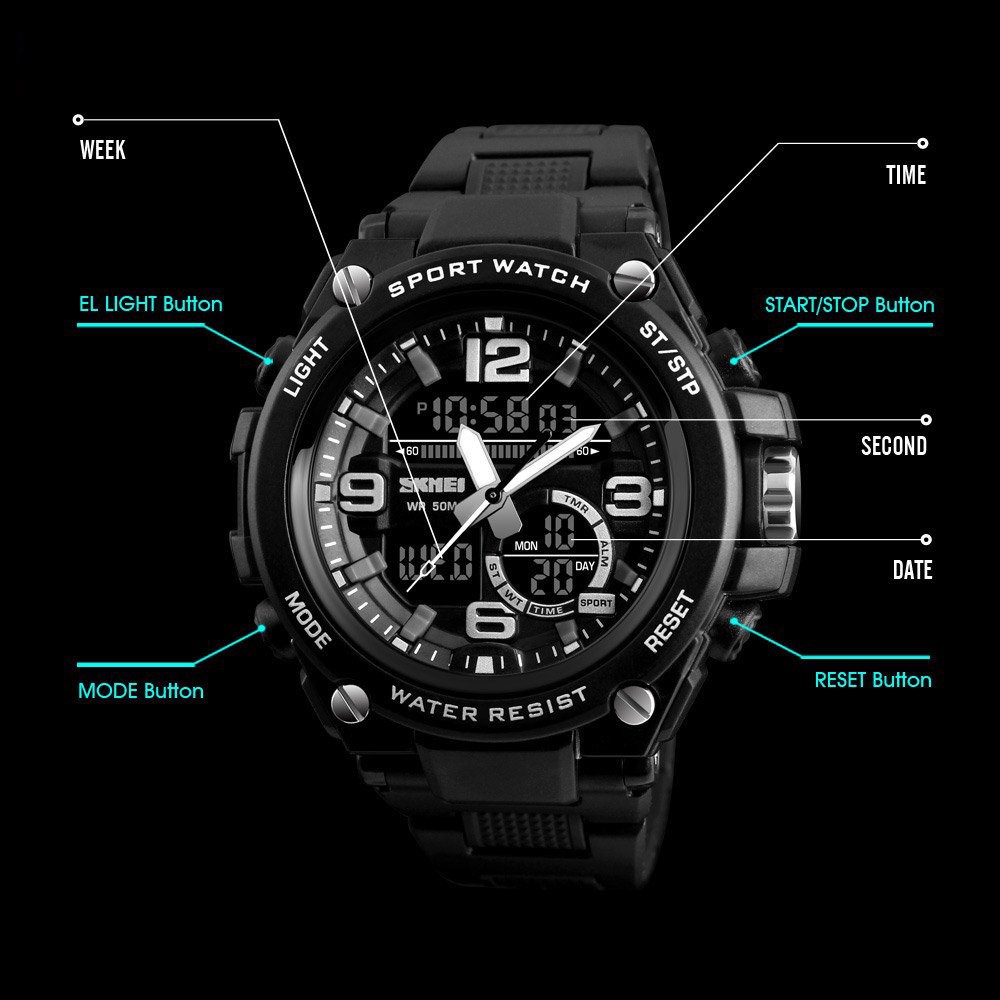 Đồng hồ nam thể thao điện tử SKMEI 1432 cao cấp, nam tính, lịch thiệp 3 kim 3 màn hình thời thượng độc đáo