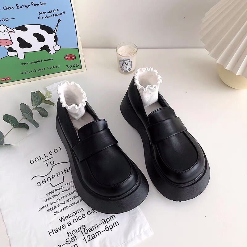 Giày oxford da trơn mũi tròn đế dày bánh mì phong cách Anh