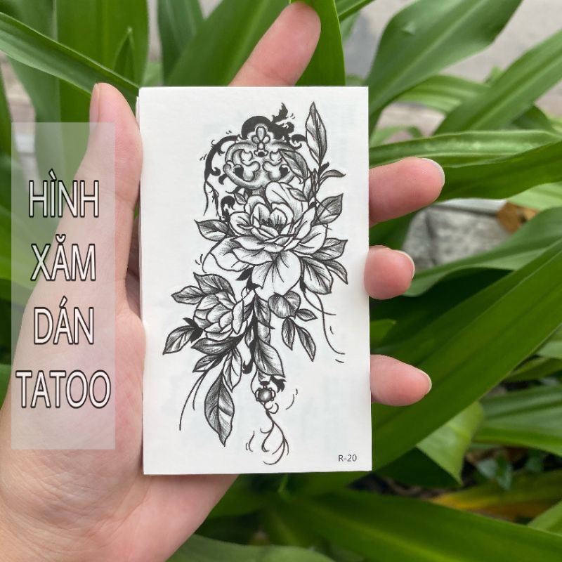 Hình xăm hoa nghệ thuật trắng đen mẫu mới r20. Tatoo dán tạm thời size 10x6cm