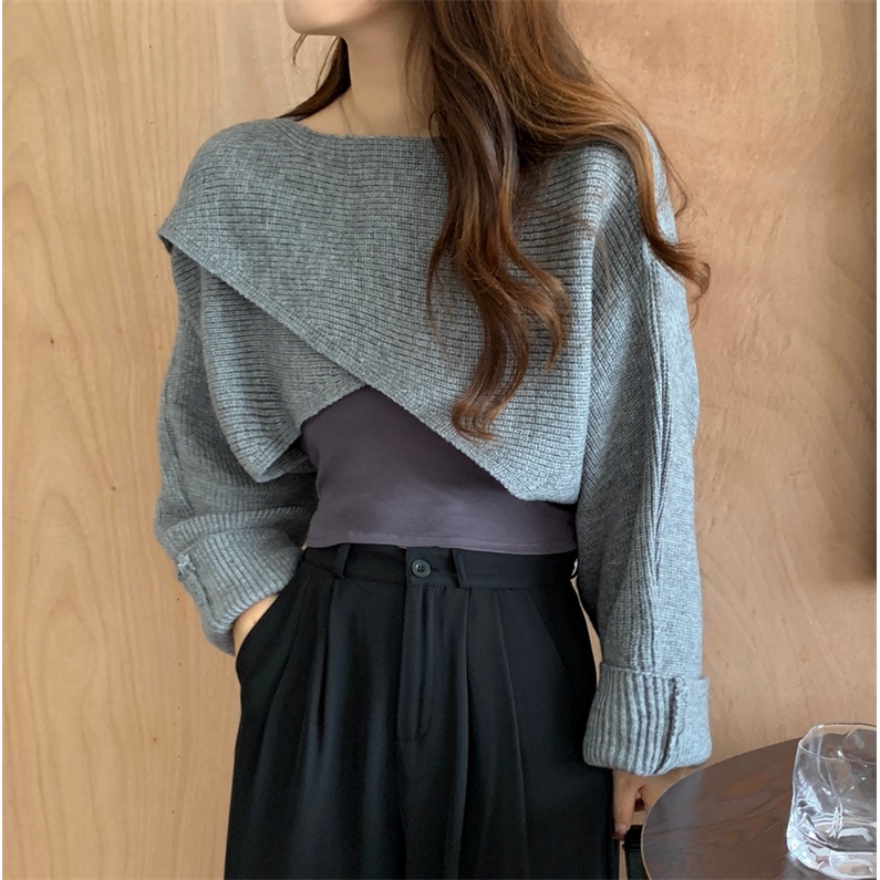 Áo sweater SUXI vải dệt kim tay dài hở vai màu sắc ngọt ngào phong cách Hàn Quốc cho nữ