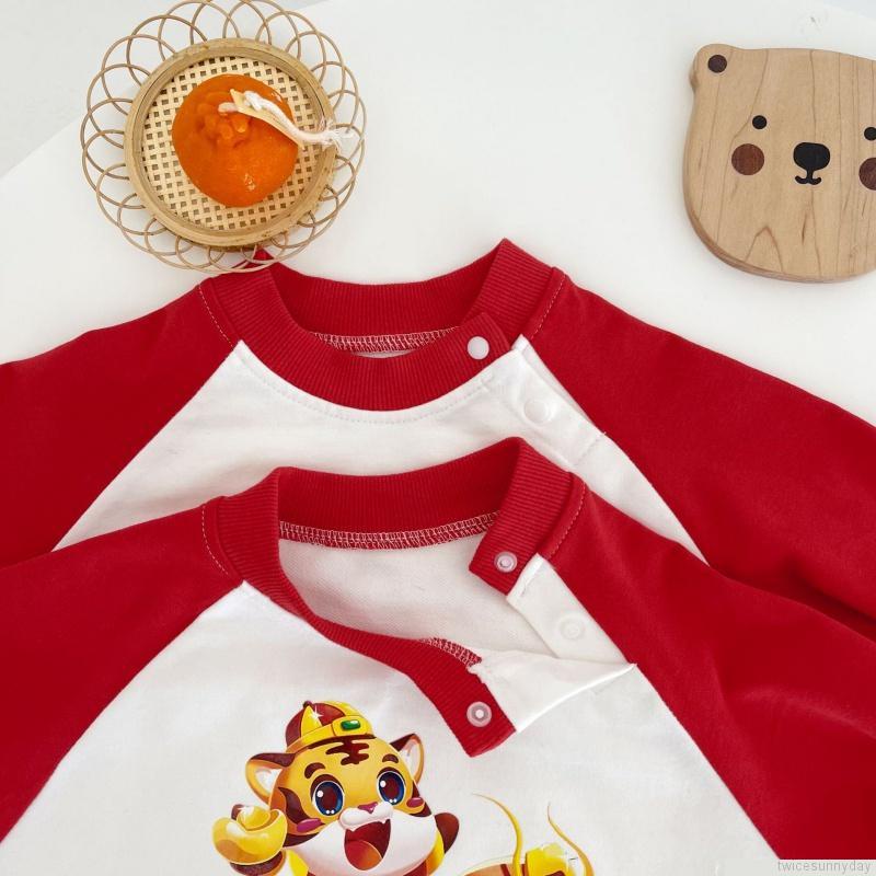 Bộ áo liền quần tay dài in hình hổ hoạt hình dành cho trẻ sơ sinh nam nữ