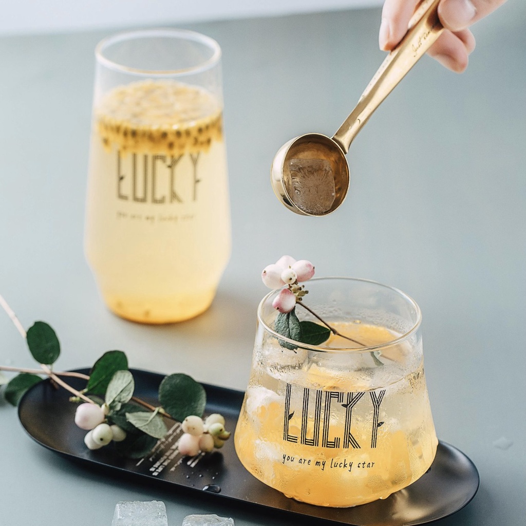 Ly thủy tinh LUCKY 400/450ml phong cách Châu Âu, Cốc thủy tinh chịu nhiệt in chữ LUCKY dễ thương uống nước tinh tế