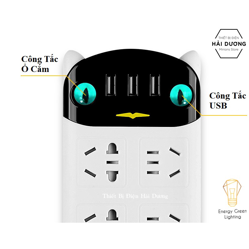 Ổ Cắm Điện Thông Minh Đầu Mèo Chuyển Đổi Đa Chức Năng OD-318 - Có Đầu Cắm USB Chuẩn Sạc An Toàn Chống Giật dây chịu tải