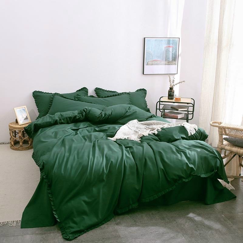 Bộ Chăn Ga Gối Cotton TICI Bèo trơn - Xanh Rêu
