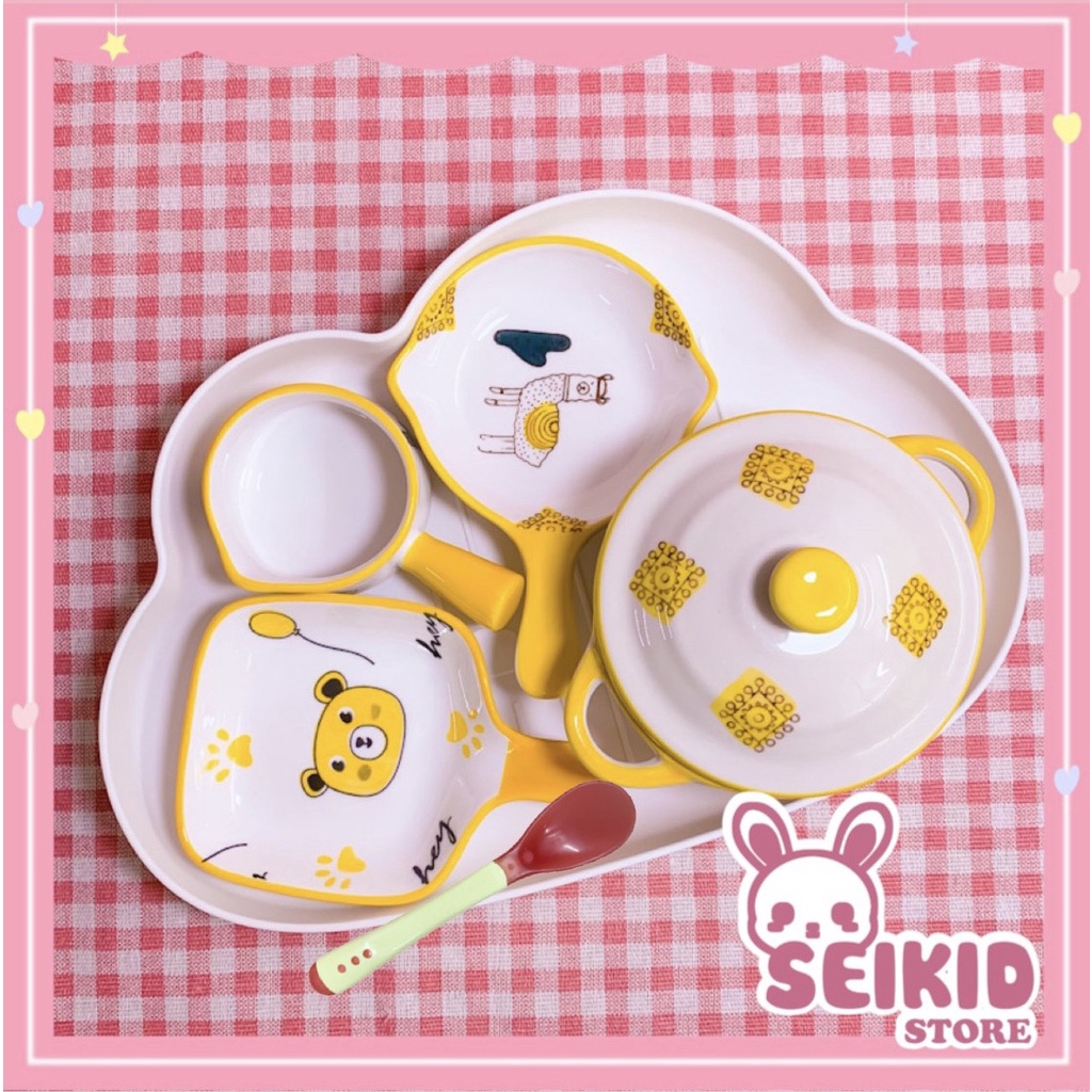 Combo Set Bát Sứ Ăn Dặm Cho Bé Hoạ Tiết Ngộ Nghĩnh Kèm Khay Seikid Store (tặng kèm thìa báo nóng)