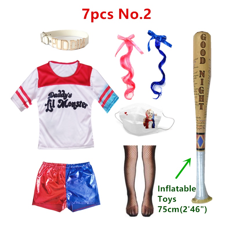 Halloween Harley Quinn Trang phục Trẻ em Cô gái Cosplay Suicide Squad T-shirt Bộ quần short