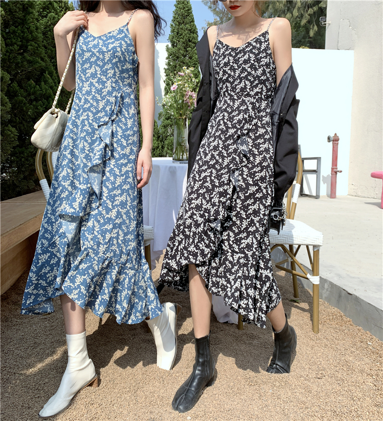 [đầm nữ dài] Váy midi dài 2021, [váy dài nữ] hai dây hoa nhí qua gố xòe đẹp màu đen thời trang công sở | BigBuy360 - bigbuy360.vn