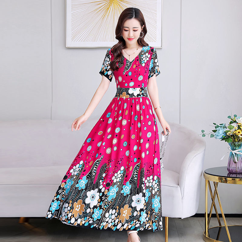 Dress 2021 new summer mother's imitation ice silk waist shows thin and noble, foreign style, over the knee big swing printing | BigBuy360 - bigbuy360.vn