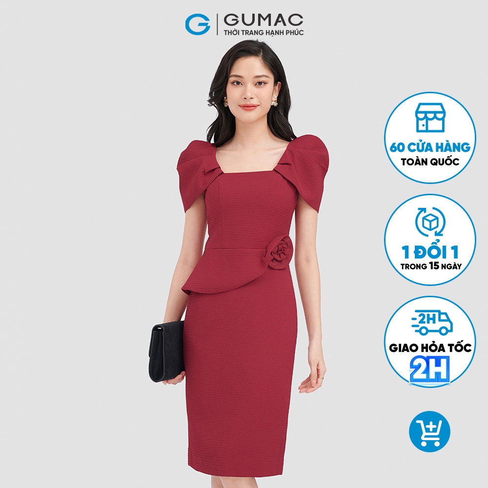 Đầm dáng ôm thời trang GUMAC peplum hoa tay xếp dự tiệc DVC08132