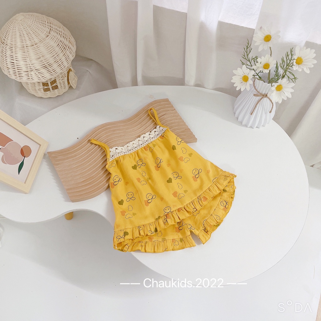 [SALE] Bộ 2 Dây Bé Gái Hoạ Tiết Quả Dâu Vải Đũi Tằm Mềm Mát Phối Ren Cổ, Đồ Bộ Cho Bé Mặc Nhà CK28