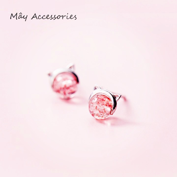 Khuyên nụ Mèo lồng viên đá tròn hồng hoa anh đào Bạc 925 Cao Cấp Mây Jewelry