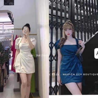 Váy xòe Cổ Vuông Tay Phồng xếp ly eo, Váy Thiết kế dự tiệc
