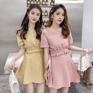Sét Đầm Caro Kate Với Chân Váy Đuôi Cá Phối Nút Bánh Bèo TTS0422