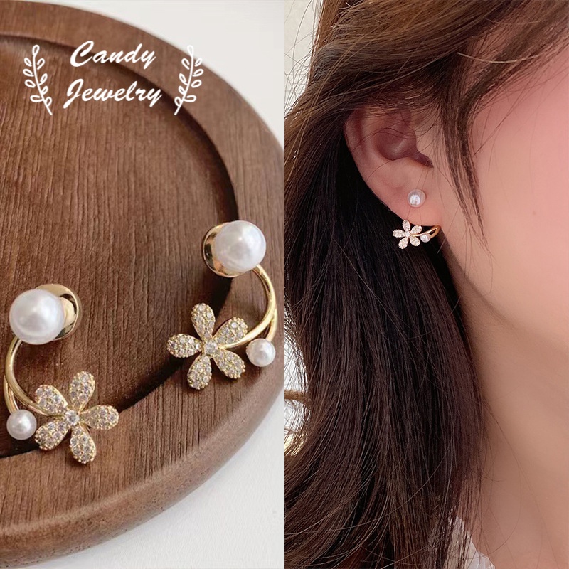 Khuyên tai MANYUE hình bông hoa đính ngọc trai nhân tạo phong cách Hàn Quốc sang trọng